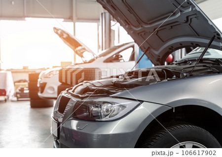 Car service center garage workshop. Vehicle raised on lift at maintenance station. Automobile repair and check up. Automotive insurance and technical checkup inspection diagnostic 106617902