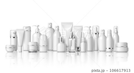 Beauty cosmetics product packages mockup. Realistic 3d vector packaging designs for cosmetics presentation. Cream jars and tubes, pump bottles, serum flasks, liquid soap, showcasing luxury brands 106617913