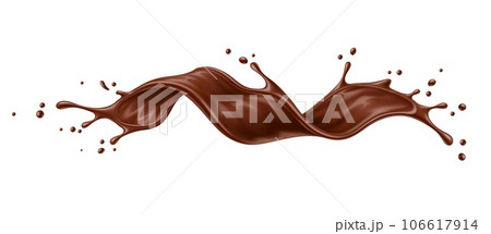 Realistic liquid brown chocolate wave splash. Isolated 3d vector delicious treat for the senses, rich and velvety with a burst of cocoa goodness. Brown choco swirl with drops, irresistible indulgence 106617914