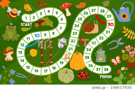 Board game with gnome items, autumn leaves and garden tools. Kids vector step boardgame worksheet with watering can, mushrooms, snail and ladder. Moth, lantern, cutters, veggies, frog and butterfly Board game with gnome items, autumn leaves and garden tools. Kids vector step boardgame worksheet with watering can, mushrooms, snail and ladder. Moth, lantern, cutters, veggies, frog and butterfly 106617930