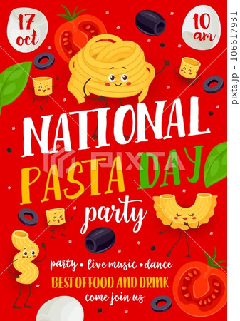 Pasta day party flyer with funny italian pasta characters fettuccine, creste, ditalini and cavatappi personages inviting for macaroni party with live music, food and drink. Vector invitation poster Pasta day party flyer with funny italian pasta characters fettuccine, creste, ditalini and cavatappi personages inviting for macaroni party with live music, food and drink. Vector invitation poster 106617931