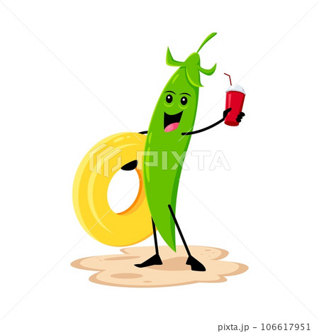 Cartoon cheerful green pea vegetable character on the beach, lounging with an inflatable ring, sipping a refreshing cocktail during a fun-filled summer vacation. Isolated vector happy veg on holidays 106617951