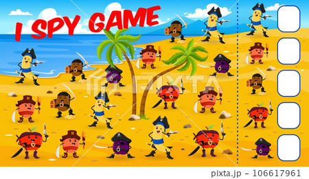 I spy game, cartoon fruit captain, pirates and corsairs characters. Vector worksheet riddle how many plums, kiwi, peaches, apples or bananas on tropical island. Children test, for kid mind development I spy game, cartoon fruit captain, pirates and corsairs characters. Vector worksheet riddle how many plums, kiwi, peaches, apples or bananas on tropical island. Children test, for kid mind development 106617961