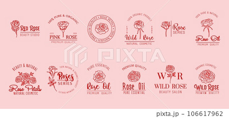 Rose minimal icons. Natural cosmetics, rose oil, beauty care and flower shop symbols set. Vector outline floral emblems with blooming flower branches and bouquets, blossom petals and leaves 106617962