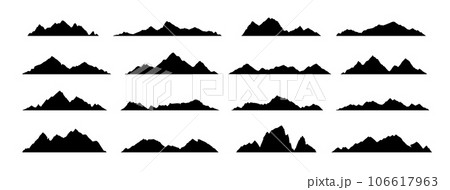 Black mountain, hill and rock silhouettes. Vector rocky ranges and ridges with snow peaks and tops. Mountain nature landscape silhouettes, hiking sport, tourism, outdoor adventure and camping themes 106617963
