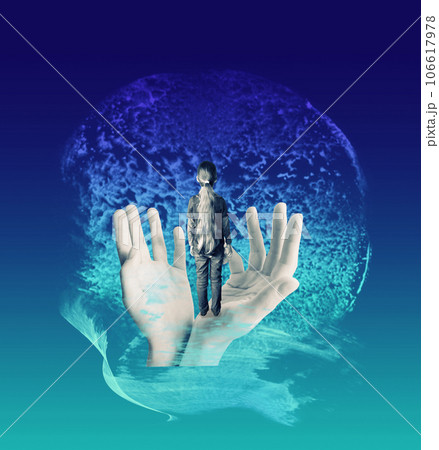 Discovery of the world. Collage or artwork with little girl and female hands Discovery of the world. Collage or artwork with little girl and female hands 106617978