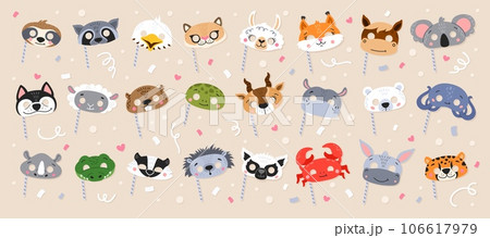 Kids carnival party animal masks with cartoon cute faces, vector fox, cat and panda. Children carnival costume masks of happy zoo characters, koala with beaver or raccoon and donkey or crocodile Kids carnival party animal masks with cartoon cute faces, vector fox, cat and panda. Children carnival costume masks of happy zoo characters, koala with beaver or raccoon and donkey or crocodile 106617979