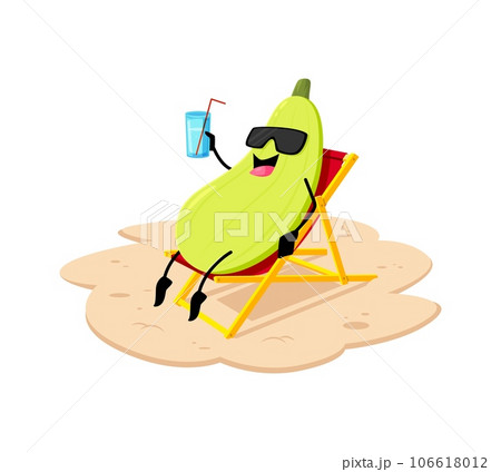 Cartoon cheerful squash vegetable character on summer beach vacation. Vector raw veggies personage relax on lounge at resort with fresh cocktail in hand. Veg tanning and relaxing at pool or seaside 106618012