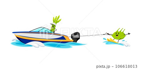 Cartoon cheerful asparagus and kohlrabi vegetable characters on summer beach vacation riding jet ski. Vector veggies sportsman riding water skis on rope and boat. Watersport recreation, activity, fun 106618013