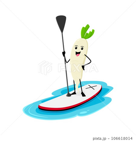 Cartoon cheerful daikon radish vegetable character on a sup board with paddle in hand, enjoying summer vacation. Isolated vector happy ripe veggies personage steering towards fun during the holidays 106618014