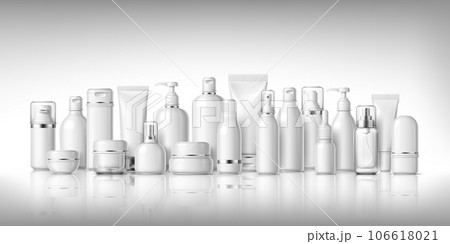 Mockups of beauty cosmetics products. White package containers. Realistic 3d vector blank plastic bottles, cream jars or tubes, deodorant, liquid soap, sprayer, pump packs stand on reflective surface Mockups of beauty cosmetics products. White package containers. Realistic 3d vector blank plastic bottles, cream jars or tubes, deodorant, liquid soap, sprayer, pump packs stand on reflective surface 106618021