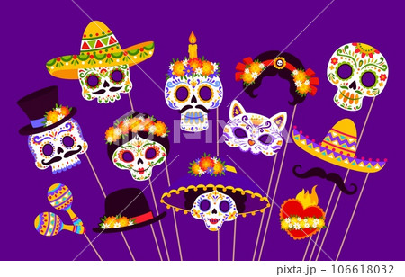 Mexican day of dead photo booth masks. Dia de los muertos holiday party masks. Vector calavera sugar skulls, sombrero, mustaches and cat head with maracas and hat with intricate and vibrant details Mexican day of dead photo booth masks. Dia de los muertos holiday party masks. Vector calavera sugar skulls, sombrero, mustaches and cat head with maracas and hat with intricate and vibrant details 106618032