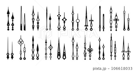 Clock hands, time black pointers, isolated watch arrows. Vector black icons of essential components of analog clocks in various shapes and sizes. Hour and minute hand pairs, monochrome elements set Clock hands, time black pointers, isolated watch arrows. Vector black icons of essential components of analog clocks in various shapes and sizes. Hour and minute hand pairs, monochrome elements set 106618033