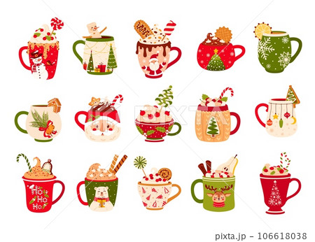Christmas chocolate and eggnog drinks, winter holiday hot cups, vector icons. Christmas eggnog or milk punch beverages in cups and mugs, hot chocolate drinks for New Year and Xmas greeting card 106618038