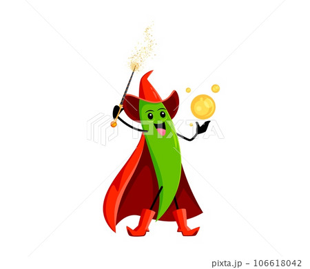 Cartoon Halloween green pea vegetable wizard character casting spells and enchanting with magical energy powers and wand. Isolated vector whimsical and enchanting veggies blending magic or wizardry Cartoon Halloween green pea vegetable wizard character casting spells and enchanting with magical energy powers and wand. Isolated vector whimsical and enchanting veggies blending magic or wizardry 106618042