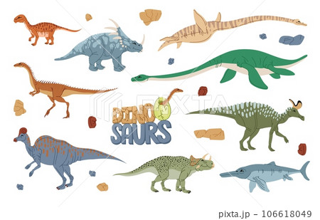 Cartoon dinosaur characters, vector prehistoric animals, dino baby and egg. Cute elaphrosaurus, ichthyosaurus, plesiosaurus and avaceratops, mussaurus, styracosaurus, lambeosaurus and corythosaurus Cartoon dinosaur characters, vector prehistoric animals, dino baby and egg. Cute elaphrosaurus, ichthyosaurus, plesiosaurus and avaceratops, mussaurus, styracosaurus, lambeosaurus and corythosaurus 106618049