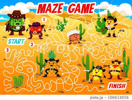 Labyrinth maze. Help cartoon Western fruit sheriff to find robbers in desert kids game puzzle. Wild West fruit characters vector worksheet with labyrinth game, watermelon, apple and mango personages 106618056