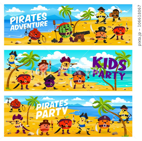 Cartoon fruit pirates and corsairs characters on treasure island. Vector horizontal banners with garnet, watermelon, orange and mango, kiwi, apple or banana. Plum, quince and peach funny picaroons 106618067