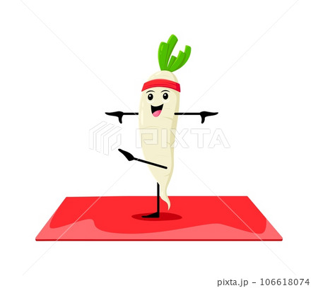 Cartoon daikon vegetable character on yoga fitness sport. Isolated vector playful veggies sportsman stand in yoga pose inspire a sense of balance, health, and mindfulness in a fun and imaginative way 106618074