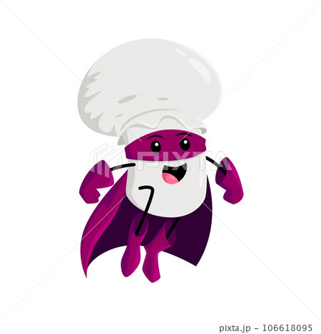 Cartoon cheerful champignon mushroom superhero character. Mushroom warrior or defender isolated vector funny mascot. Champignon strong hero comical personage flying in violet cape and mask 106618095