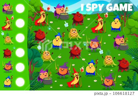 I spy game worksheet. Cartoon Halloween fruit wizards and mages. Kids vector riddle with peach, banana, pineapple and garnet, orange with quince warlocks on green field with magical staffs and pots I spy game worksheet. Cartoon Halloween fruit wizards and mages. Kids vector riddle with peach, banana, pineapple and garnet, orange with quince warlocks on green field with magical staffs and pots 106618127