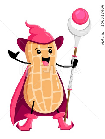 Cartoon peanut pod nut wizard character. Isolated vector funny wiz cast incantation with enchanted staff. Comic witchcraft protein food personage in pink cape and pointy hat fun on Halloween party 106618406