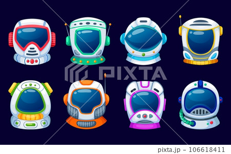 Kids space photo booth astronaut helmets. Cartoon vector cosmonaut headwear props elements or masks with glass and antenna. Cute helmets set for children party or funny photos in application filters Kids space photo booth astronaut helmets. Cartoon vector cosmonaut headwear props elements or masks with glass and antenna. Cute helmets set for children party or funny photos in application filters 106618411