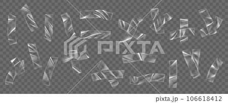 Transparent plastic tape, adhesive overlay patch stickers. Transparent sticky film strip, isolated transparent and glossy duct tape lines, 3d vector adhesive crumpled plastic stickers set Transparent plastic tape, adhesive overlay patch stickers. Transparent sticky film strip, isolated transparent and glossy duct tape lines, 3d vector adhesive crumpled plastic stickers set 106618412