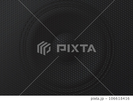 Realistic speaker. Music sound subwoofer, metal steel grid. Sound device or professional audio electronic equipment realistic vector background. Music studio modern stereo speaker black mesh backdrop 106618416