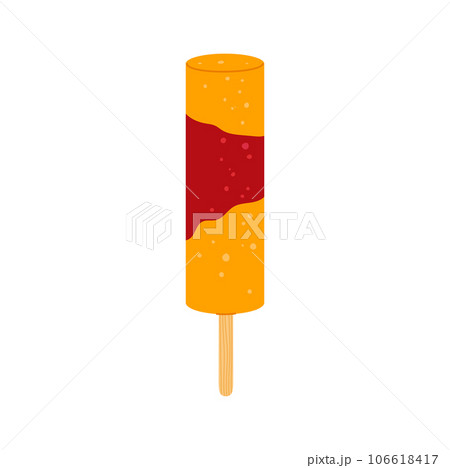 Ice cream on stick coated by strawberry and orange glaze isolated summer dessert. Vector fruity sundae dairy snack. Sweet popsicle, refreshing ice-cream 106618417