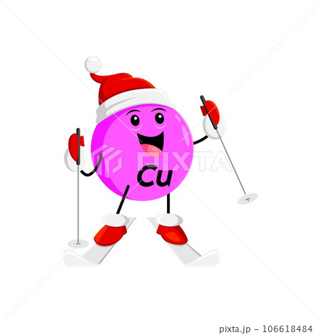 Cartoon Christmas Cu micronutrient character skiing. Isolated vector Copper nutritious element bubble personage wear red Santa Claus hat engage in joyful holiday activities, winter sport and snow fun 106618484