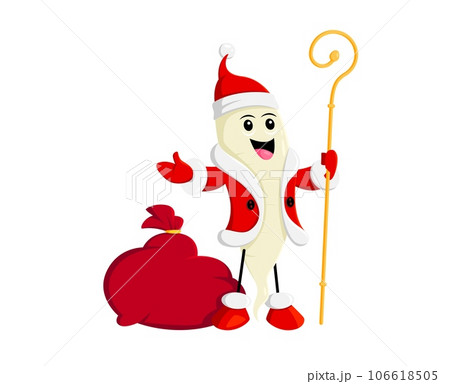 Cartoon daikon vegetable character in Santa hat with gifts bag. Winter season festive, Christmas holiday or merry Xmas isolated vector vegetable funny personage. New Year vegetable funny character 106618505