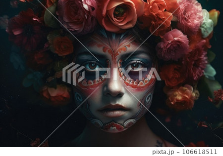 Portrait of a woman with sugar skull makeup over dark background. Halloween costume and make-up. Portrait of Calavera Catrina. Generative AI. 106618511