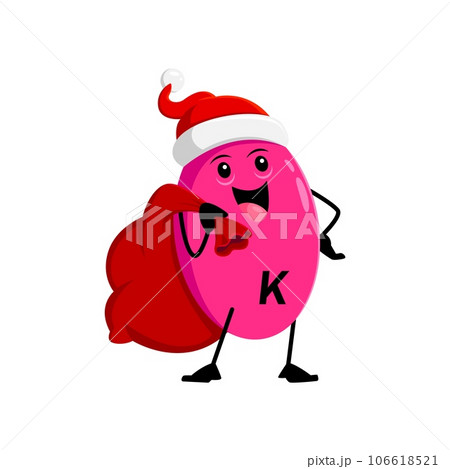 Cartoon Christmas vitamin K character dons a Santa hat, with a gift bag. Isolated vector cheerful Phytonadione Noel micronutrient capsule personage prepare healthy nutrient presents for Xmas holiday 106618521
