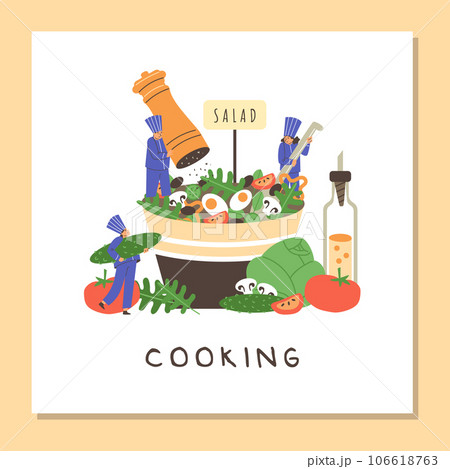Squared banner with tiny people cooking salad flat style, vector illustration 106618763