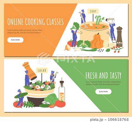 Online cooking classes advertising web banners set, flat vector illustration. Online cooking classes advertising web banners set, flat vector illustration. 106618768