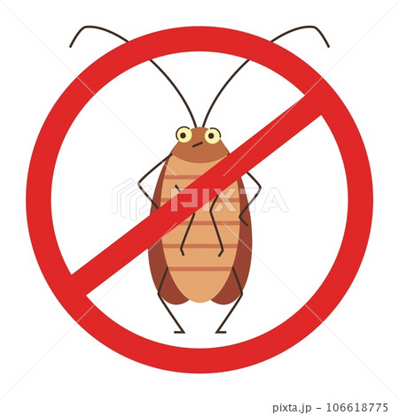 Funny cockroach under crossed red sign, flat vector illustration isolated on white background. Funny cockroach under crossed red sign, flat vector illustration isolated on white background. 106618775
