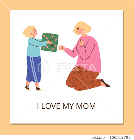 Squared banner with kid girl giving gift box to surprised mother flat style Squared banner with kid girl giving gift box to surprised mother flat style 106618799