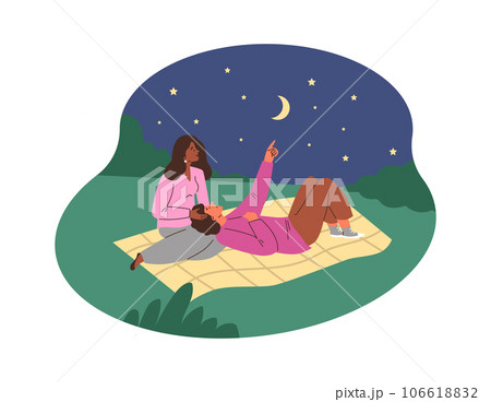 Happy amorous couple looking at starry night sky on hill, admiring man and woman, romantic honeymoon vector illustration Happy amorous couple looking at starry night sky on hill, admiring man and woman, romantic honeymoon vector illustration 106618832