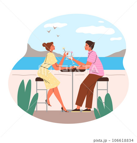 Romantic enamored couple at restaurant table drink cocktail, traveling on tropic island in honeymoon vector illustration Romantic enamored couple at restaurant table drink cocktail, traveling on tropic island in honeymoon vector illustration 106618834