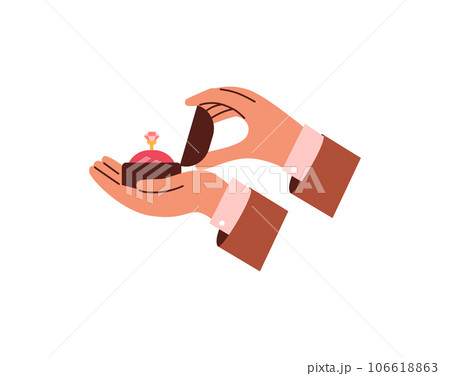 Hand holds engagement ring with pink stone or diamond, flat vector illustration isolated on white background. 106618863
