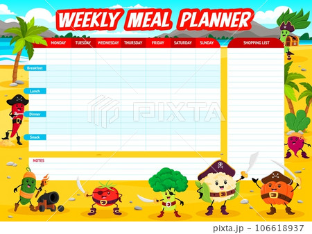 Weekly meal planner with cartoon vegetable pirate or corsair characters, vector diet plan. Spinach with treasure chest and pepper pirate captain on weekly nutrition eating timetable or meal organizer Weekly meal planner with cartoon vegetable pirate or corsair characters, vector diet plan. Spinach with treasure chest and pepper pirate captain on weekly nutrition eating timetable or meal organizer 106618937