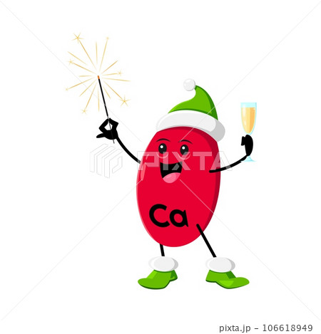 Cartoon christmas Ca micronutrient character with a sparkler and champagne. Isolated vector cheerful Calcium holiday personage wear festive hat, radiating joy, health and charm during xmas celebration Cartoon christmas Ca micronutrient character with a sparkler and champagne. Isolated vector cheerful Calcium holiday personage wear festive hat, radiating joy, health and charm during xmas celebration 106618949