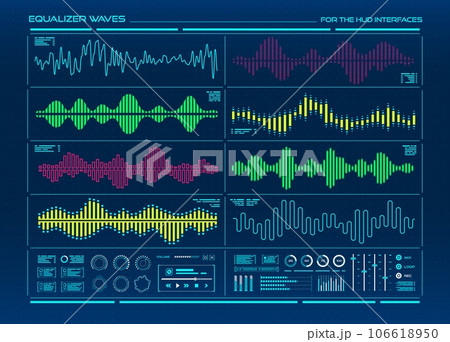 HUD equalizer, music digital sound wave and voice recognition signals. Graphic equalizer interface vector elements with color soundwaves, sound frequency waveforms, audio spectrum line and bar graphs 106618950