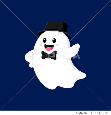Cartoon Halloween kawaii ghost in hat and bow tie, horror night holiday vector character. Flying funny Halloween boo ghost in gentlemen hat as entertainer for trick or treat party celebration 106618976