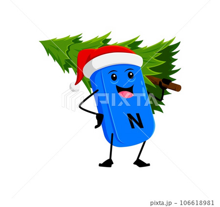 Cartoon Christmas vitamin N character carries a holiday tree. Isolated vector cheerful Santa Claus Lipoic acid supplement pill personage spreading festive joy and seasonal charm for Xmas celebration 106618981