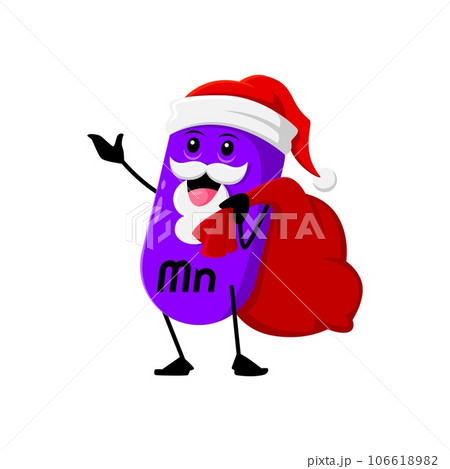 Cartoon Christmas Mn micronutrient character dons a Santa hat, with a gift bag. Isolated vector cheerful Manganese Noel vitamin capsule personage adding a touch of holiday charm to the nutrient world 106618982