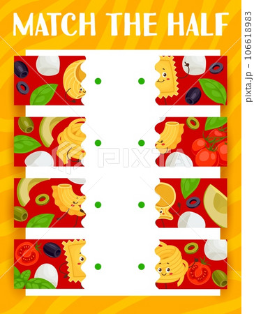 Match the half of cartoon funny italian pasta characters. Vector game worksheet with separated pieces of lumaconi giganti, ravioli, spaghetti and creste cute macaroni Italy cuisine food personages 106618983
