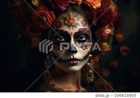 Portrait of a woman with sugar skull makeup over dark background. Halloween costume and make-up. Portrait of Calavera Catrina. Generative AI. 106618985
