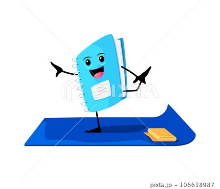 Cartoon notebook school supply character on yoga fitness sport practicing serene asana poses, focused breathing. Isolated vector personage balancing on one leg, finding zen within the mindful journey 106618987
